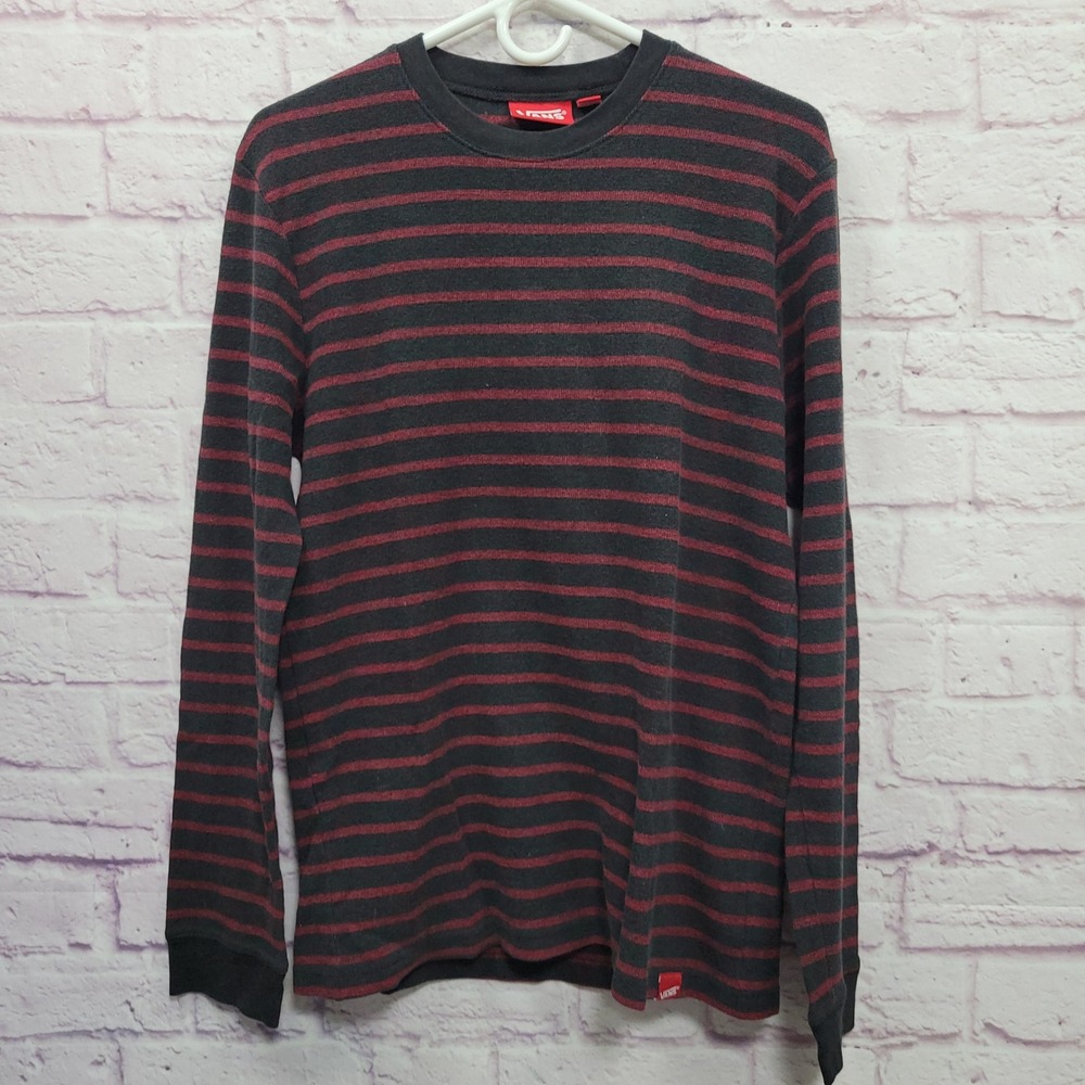 Vans Red Black Striped Thermal Shirt Mens L Waffle Knit Skater Grunge Y2K Indie